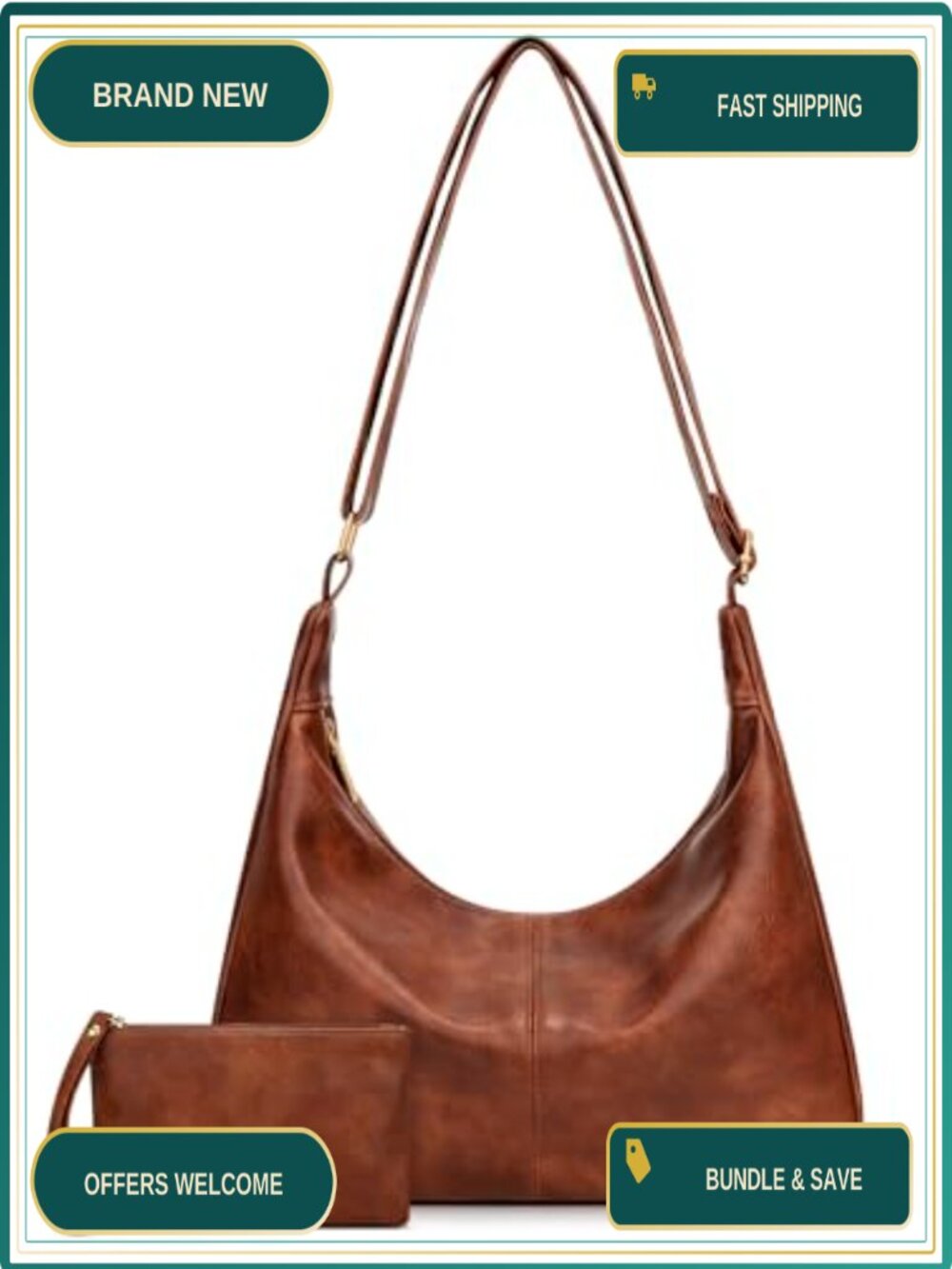 Slouchy Hobo Shoulder Bag Vegan Leather Adjustable Crossbody Purse